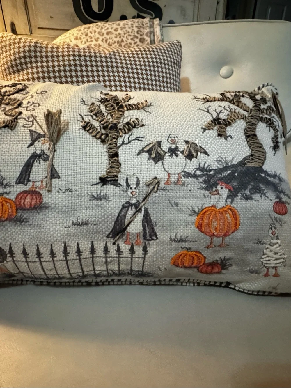 Halloween Embroidered Decorative Goose With Costumes Throw Pillow